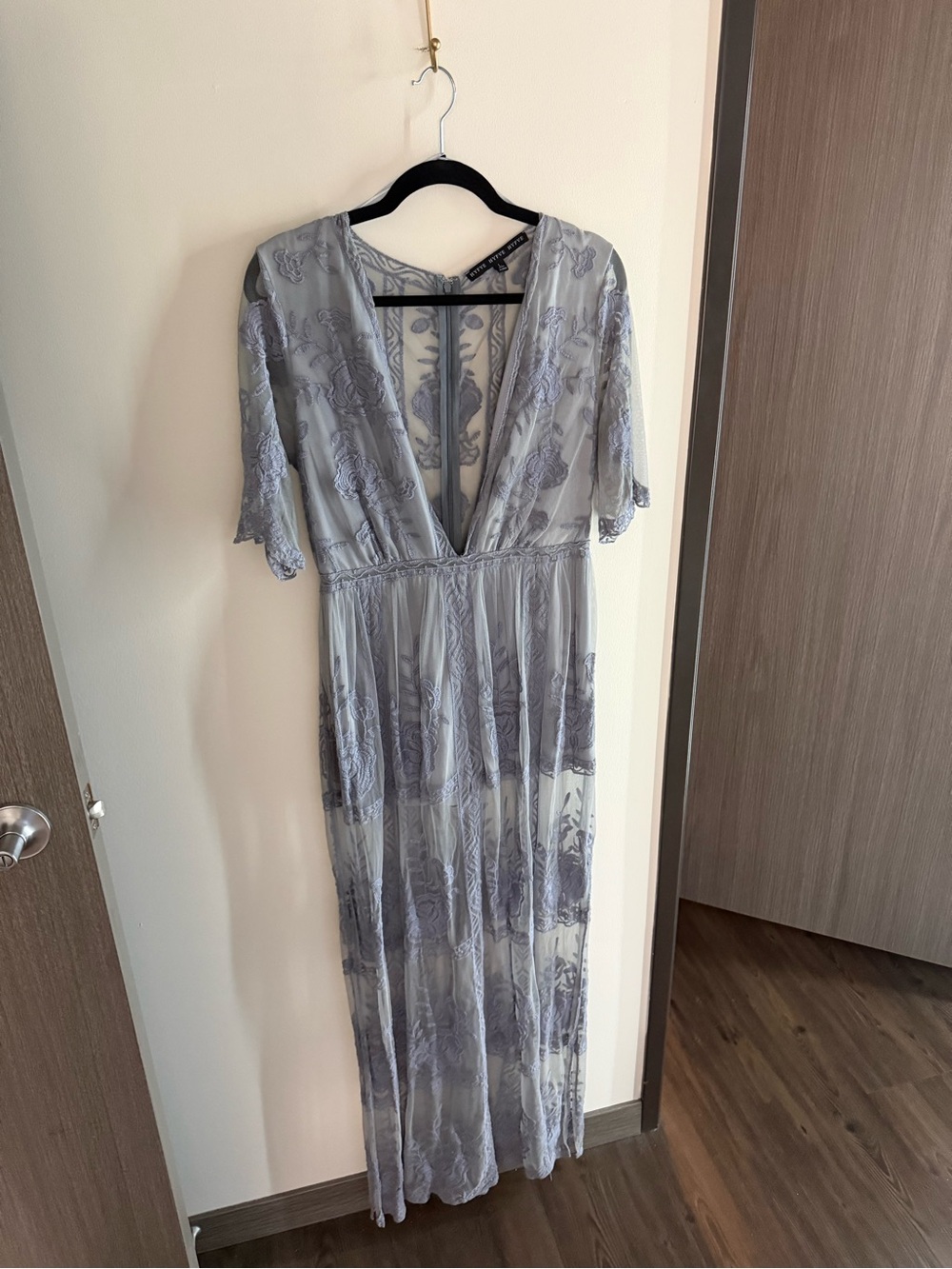 Light Dusty Blue Lace Overlay Maxi Dress with Deep V - Picture 5 of 5